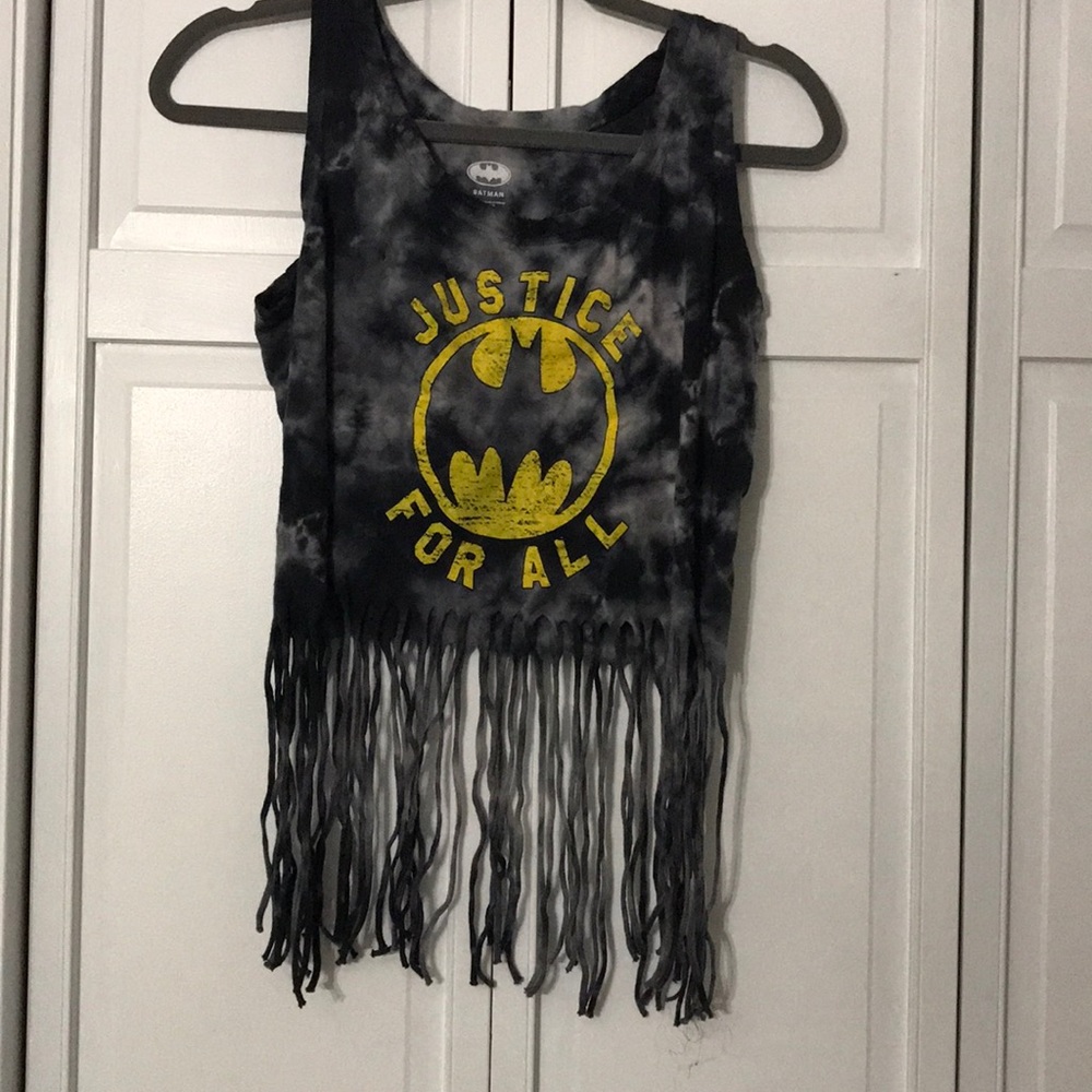 White and gray tie dye tank with Batman logo